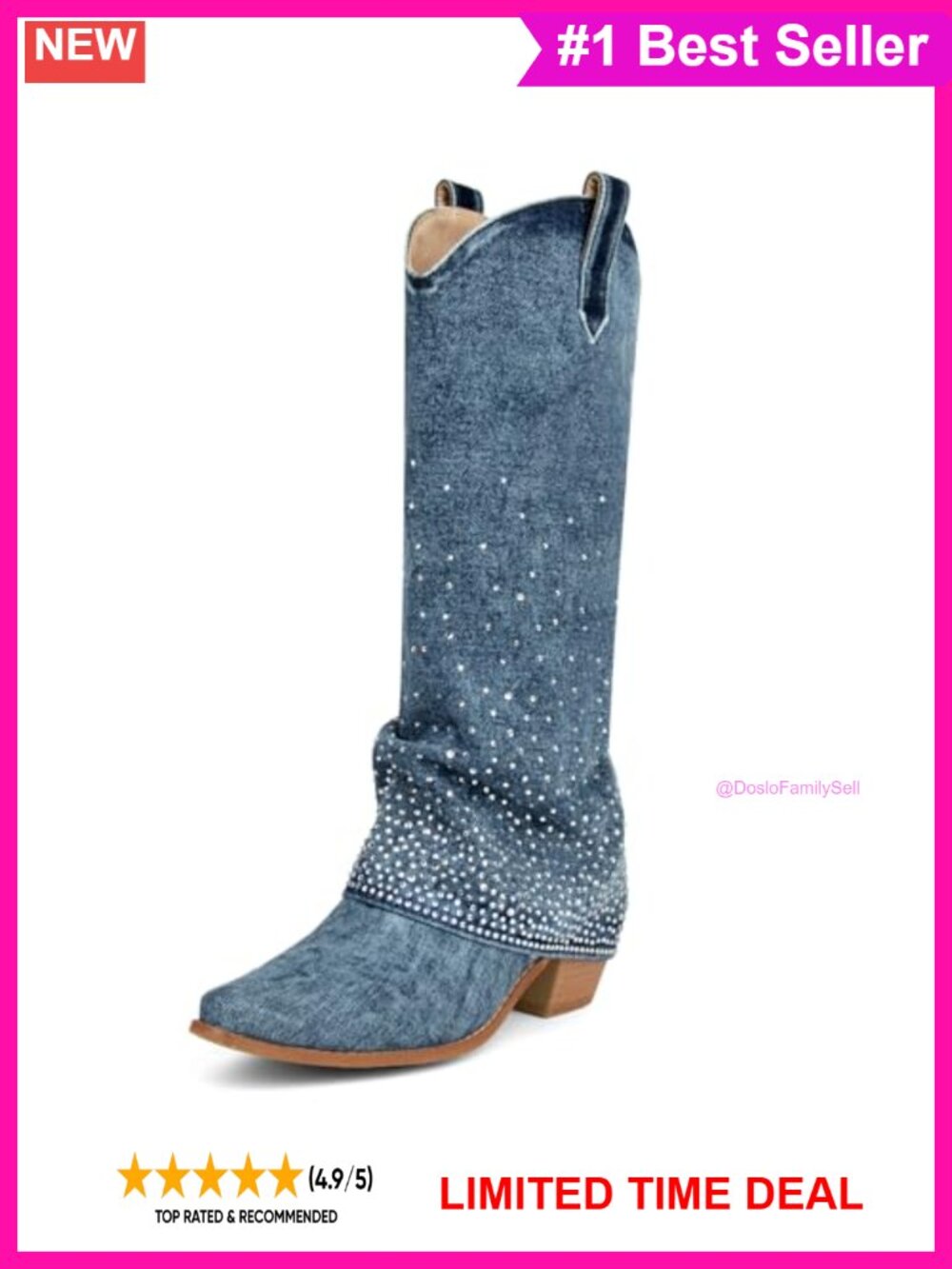 Rhinestone Denim Cowboy Boots Fold Over Knee High Women